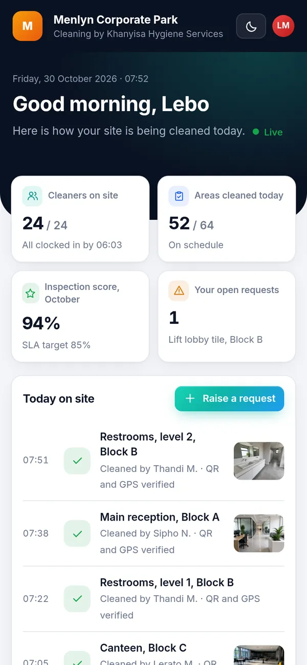 Client portal on a phone showing today's cleaning
