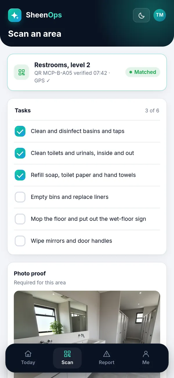 Cleaner app on a phone: area scan with task checklist and photo proof