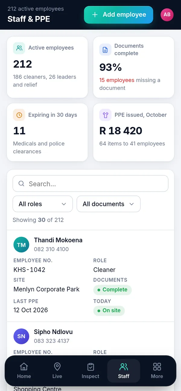 Staff list on a phone