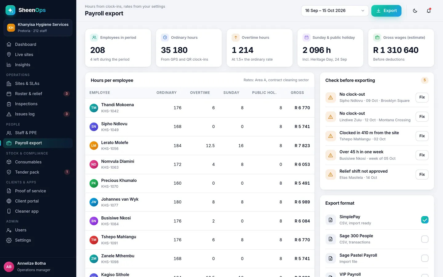 Payroll export with normal, overtime and Sunday hours per cleaner